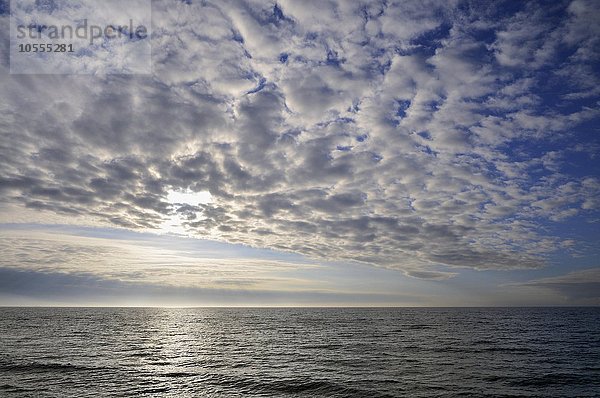 Wolkenhimmel  Wolkenformation vor der tiefstehenden Sonne über der Ostsee  Vorpommersche Boddenlandschaft  Mecklenburg-Vorpommern  Deutschland  Europa