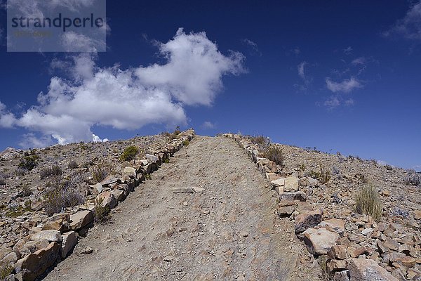 Wanderweg durch karges steiniges Land  Isla del Sol  Sonneninsel  Titicaca oder Titikaka See  Bolivien  Südamerika