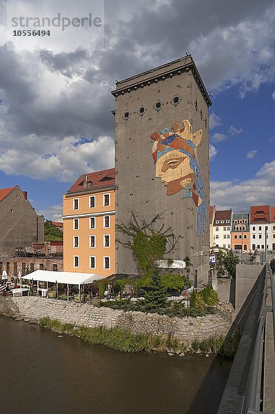 Ausblick von Altstadtbrücke auf Dreiradenspeicher mit der Göttin Europas  Görlitz  Oberlausituz  Sachsen  Deutschland  Europa
