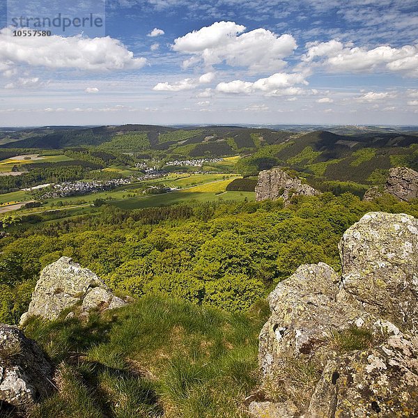 Blick vom Gipfel des Feldsteines auf die Bruchhausener Steine und die weite Landschaft  Olsberg  Sauerland  Nordrhein-Westfalen  Deutschland  Europa