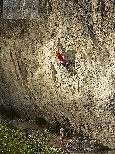 Kletterer klettert im Vorstieg an einer Felswand  Martinswand  Zirl  Tirol  Österreich  Europa