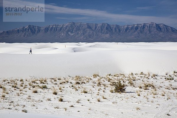 Eine Frau wandert im Naturschutzgebiet White Sands National Monument  Alamogordo  New Mexico  USA  Nordamerika