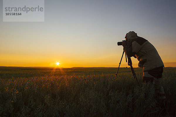 Gemischtrassiger Mann fotografiert ländlichen Sonnenuntergang