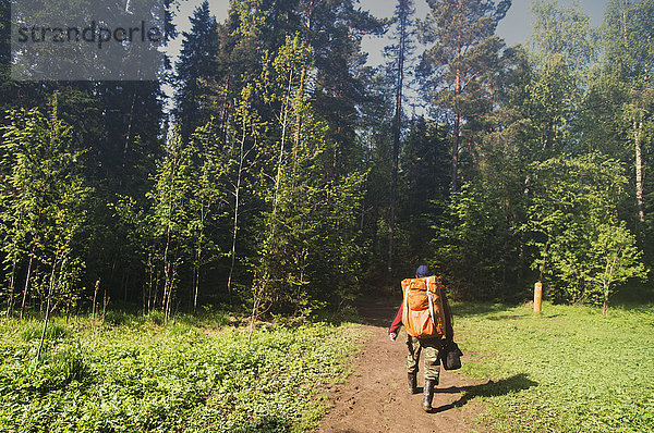 Kaukasischer Rucksacktourist wandert auf unbefestigtem Weg im Wald