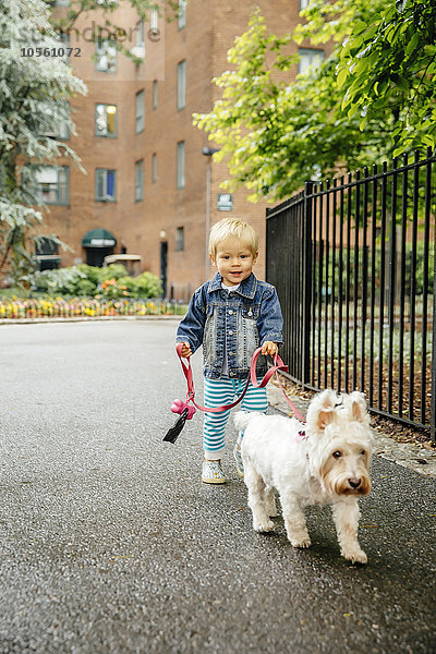 Gemischtrassiger Junge geht mit Hund auf dem Bürgersteig spazieren