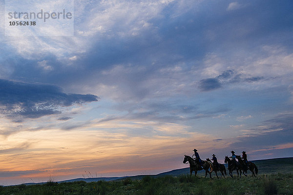 Cowgirls und Cowboy reiten auf Pferden in einem ländlichen Gebiet