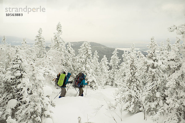 Kaukasische Wanderer  die im verschneiten Wald spazieren gehen