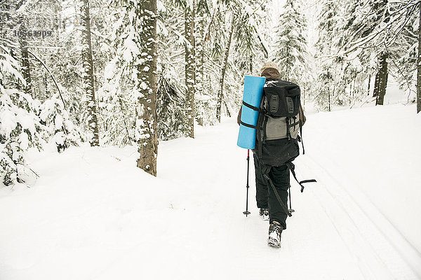 Kaukasischer Wanderer im verschneiten Wald