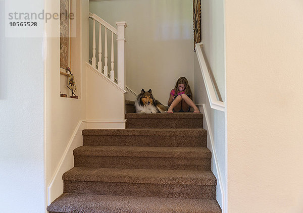 Kaukasisches Mädchen und Hund sitzen auf einer Treppe