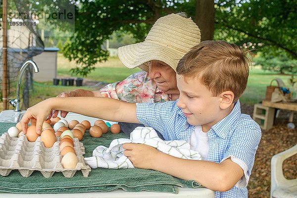 Seniorin und Enkelin beim Eierlegen auf dem Bauernhof