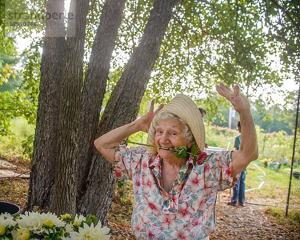 Seniorin mit Blume im Mund tanzt auf dem Bauernhof
