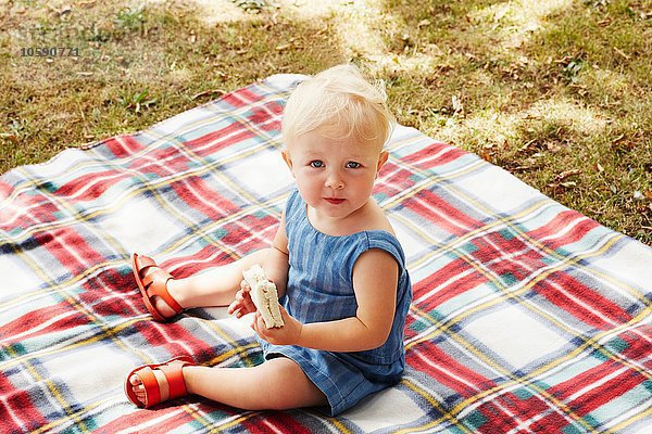 Hochwinkelansicht des Mädchens auf der Picknickdecke mit Blick auf die Kamera
