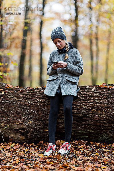 Mädchen mit Smartphone auf Baumstamm im Herbstwald