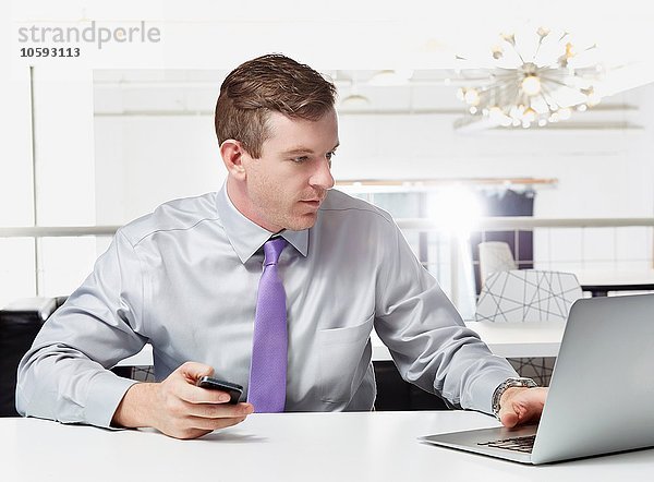 Mittlerer erwachsener Geschäftsmann am Schreibtisch sitzend  mit Laptop