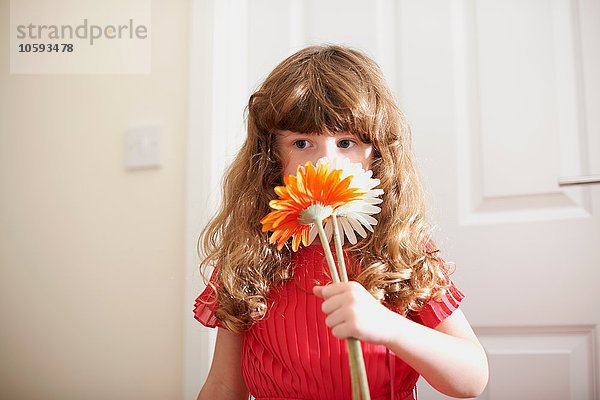 Porträt eines süßen Mädchens  das Schnittblumen riecht.
