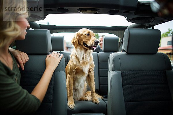 Junge Frau im Jeep mit Blick über die Schulter auf den Hund