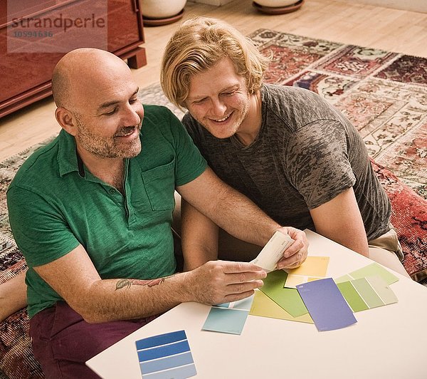 Männliches Paar auf dem Boden sitzend  Farbmuster wählend