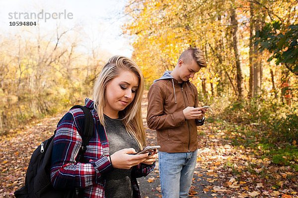 Teenager Junge und erwachsene Schwester beim Lesen von Smartphone-Texten im Herbstwald