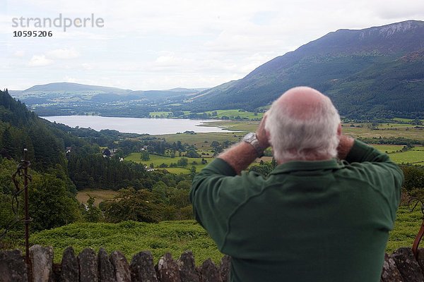 Rückansicht der Vogelbeobachtung am Aussichtspunkt zwischen Braithwaite Village und Whinlatter  Cumbria  UK