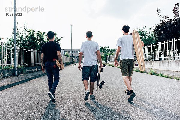 Rückansicht der jungen Männer  die auf einem Pfad mit Skateboards laufen.