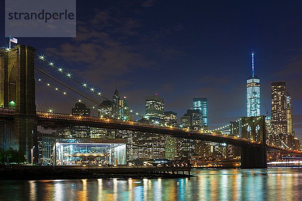 Nachtansicht von Manhattan Financial District und Brooklyn Bridge  New York  USA