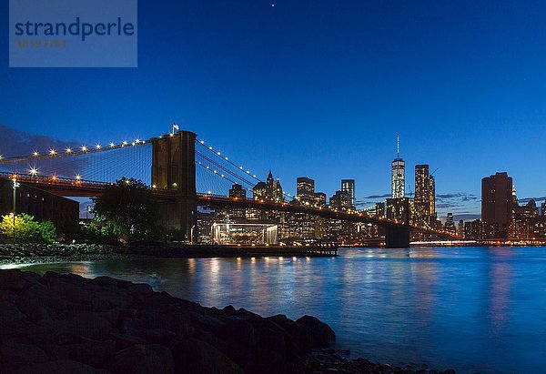 Manhattan Financial District und Brooklyn Bridge bei Nacht  New York  USA