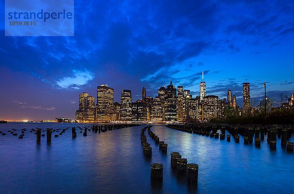 Skyline des Finanzdistrikts Manhattan und One World Trade Centre bei Einbruch der Dunkelheit  New York  USA