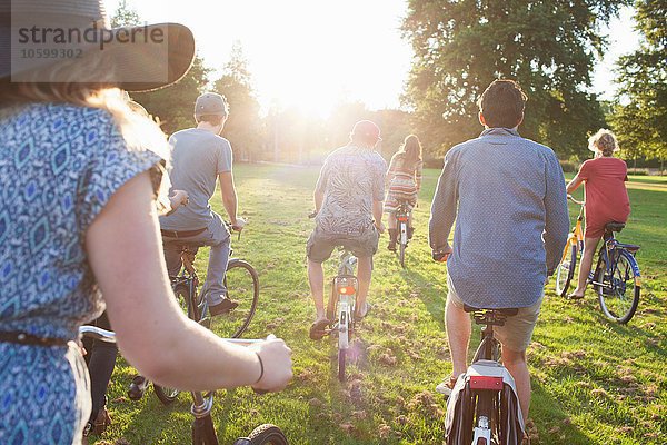 Rückansicht der im Park ankommenden Erwachsenen mit Fahrrädern bei Sonnenuntergang