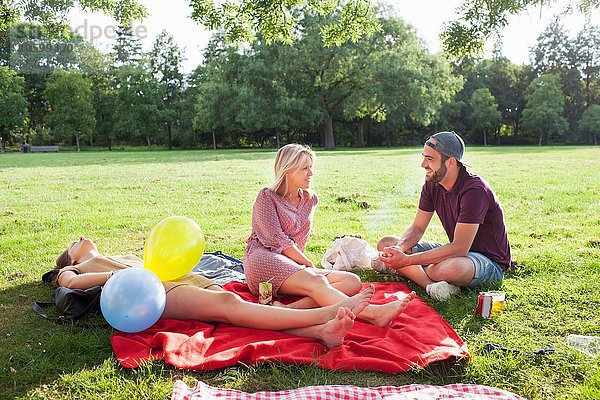 Junger Mann und Frau beim Plaudern auf Picknickdecke auf der Parkparty