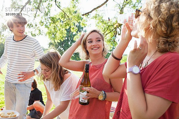 Erwachsene Freunde trinken Wein auf der Sunset Park Party