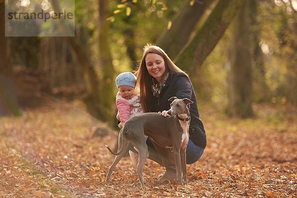 Mittlere erwachsene Frau und kleine Tochter streichelnder Hund im Herbstpark