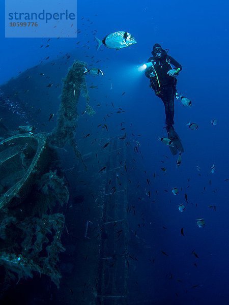 Durchgehende Unterwasseransicht eines Tauchers  der das Schiffswrack der MS Zenobia  Larnaca  Zypern  untersucht.