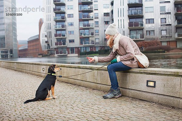 Mittlere erwachsene Frau und Ausbildung ihres Hundes am Flussufer der Stadt