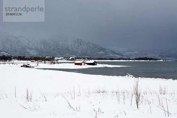 Sturmwolken über schneebedeckten Bergen  Osvoll  Lofoten und Vesteralen  Norwegen