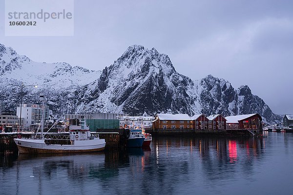 Hafen und Fischerboote in der Abenddämmerung  Svolvaer  Lofoten  Norwegen