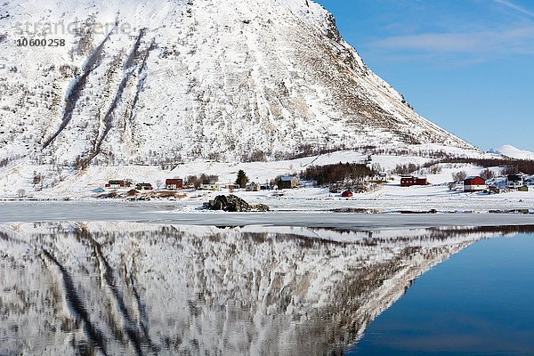 Schneebedeckter Berg im Wasser  Knutstad  Lofoten  Norwegen