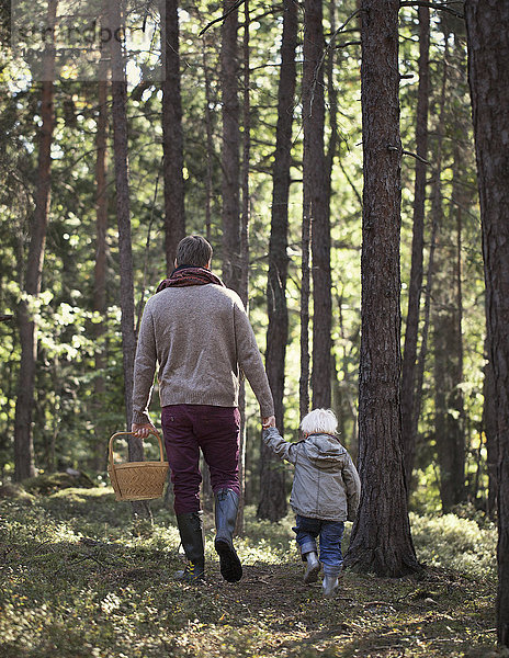 Vater geht mit Sohn durch den Wald