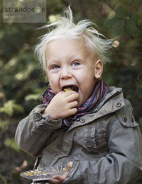 Junge isst Biskuitkuchen