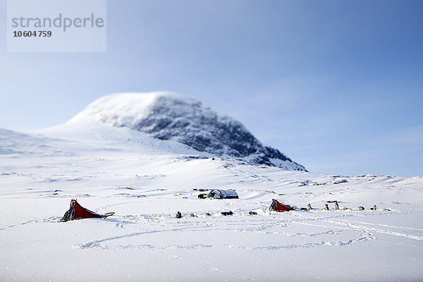 Zelte und Hunde im winterlichen Gebirge