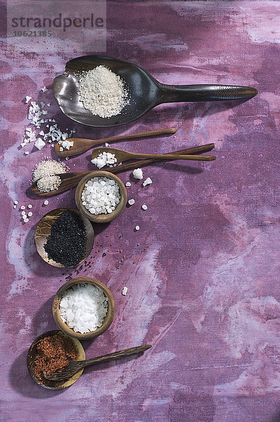 Holzlöffel mit verschiedenen Salzen auf Tuch
