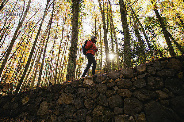 Spanien  Katalonien  Girona  Wanderin auf Steinmauer im Wald