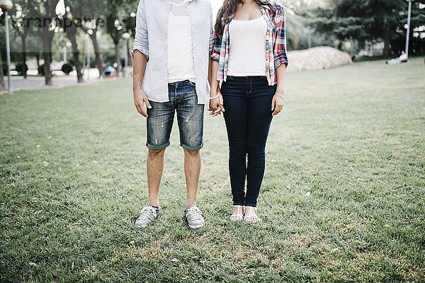Verliebtes junges Paar  das auf einer Wiese in einem Park steht und Händchen hält.