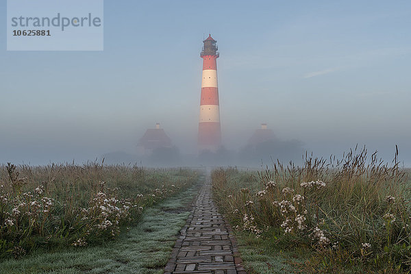 Deutschland  Schleswig-Holstein  Nordseeküste  Blick auf Westerheversand Leuchtturm im Nebel