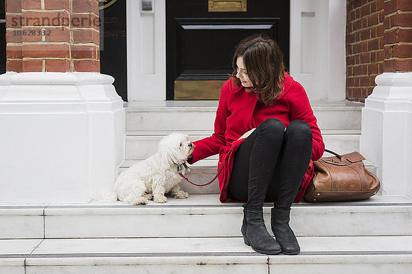 UK  London  junge Frau auf der Treppe neben ihrem Hund sitzend