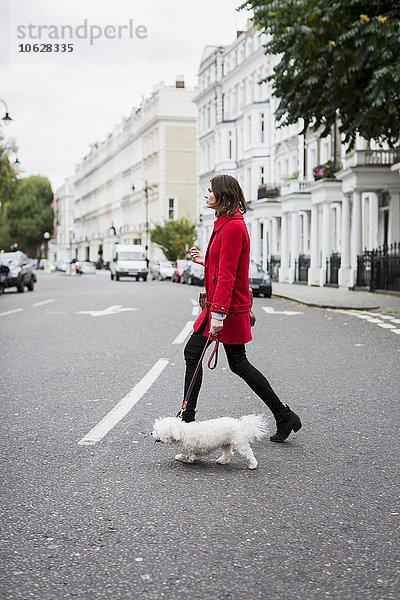 UK  London  junge Frau in roter Jacke  die mit ihrem Hund die Straße überquert.