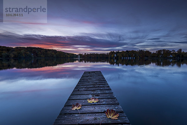 Holzsteg am See mit Herbstblättern  Morgenhimmel