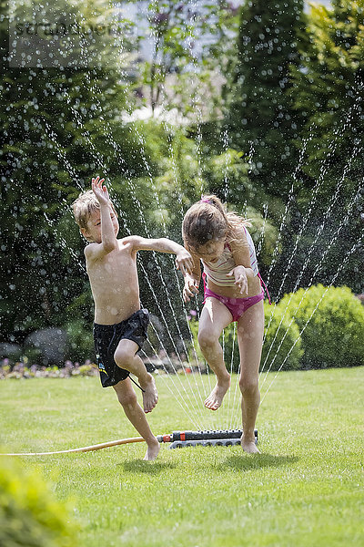 Kinder springen über Sprinkler im Garten