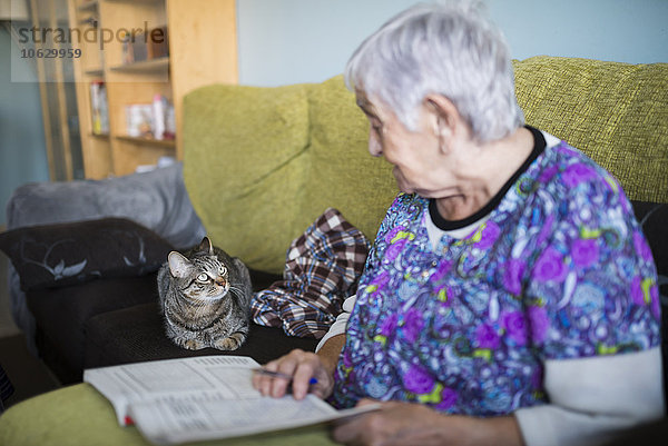 Seniorin und Tabbykatze auf der Couch zu Hause  die sich gegenseitig anschauen