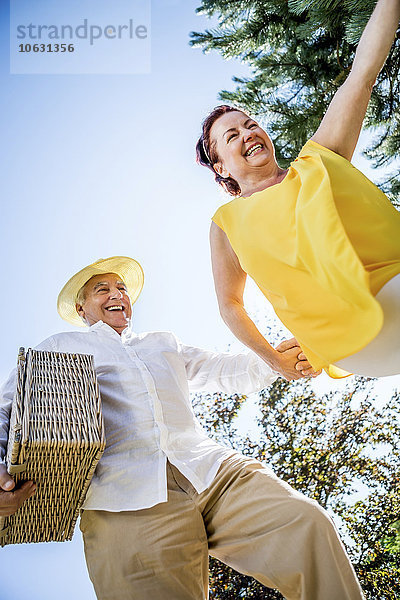 Glückliches älteres Paar im Freien mit Picknickkorb