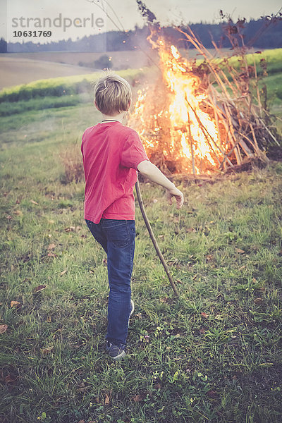 Rückansicht eines Jungen  der das Lagerfeuer auf einer Wiese beobachtet.